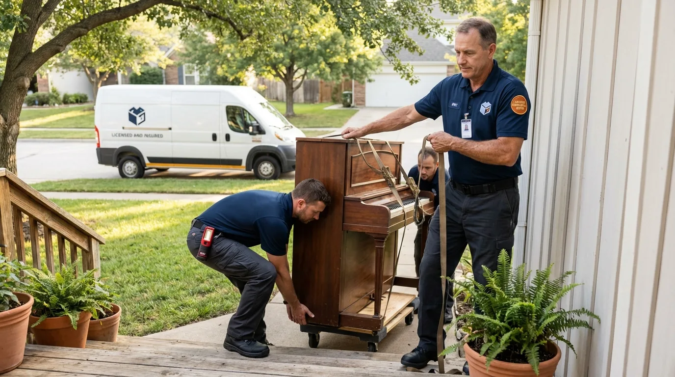 Licensed piano movers securing grand piano in Princeton, WI