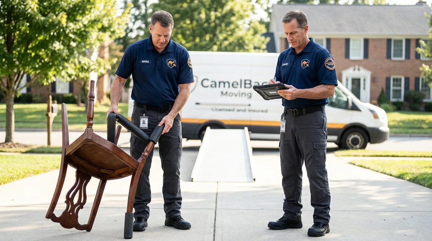 Movers inspecting furniture for damage prevention before loading in Princeton, WI