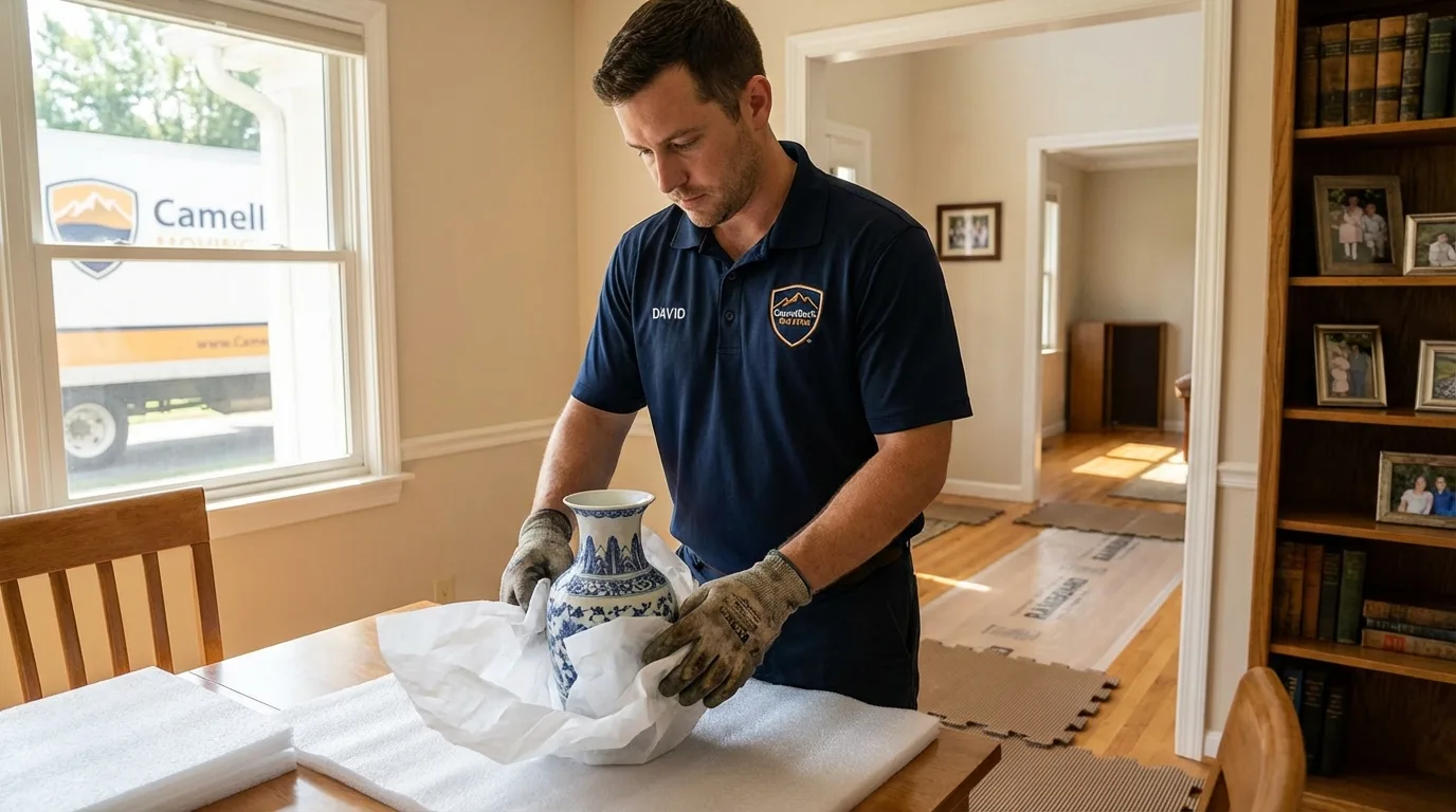Professional crew carefully wrapping antique vase for senior downsizing move in Princeton, WI